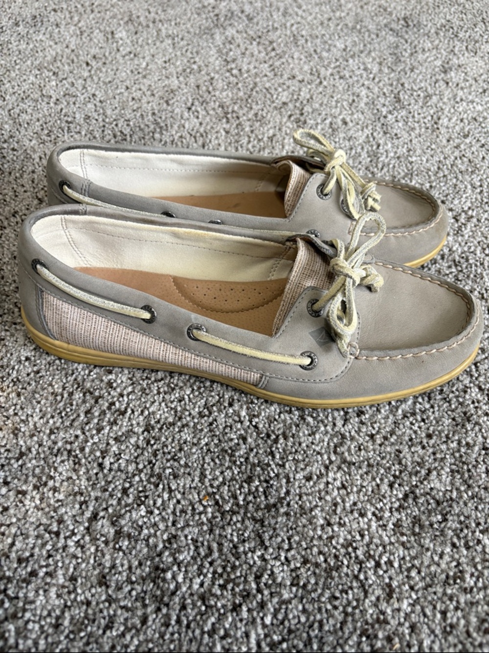 Sperry Gray Leather Moccasin Boat Shoes with Cream Laces